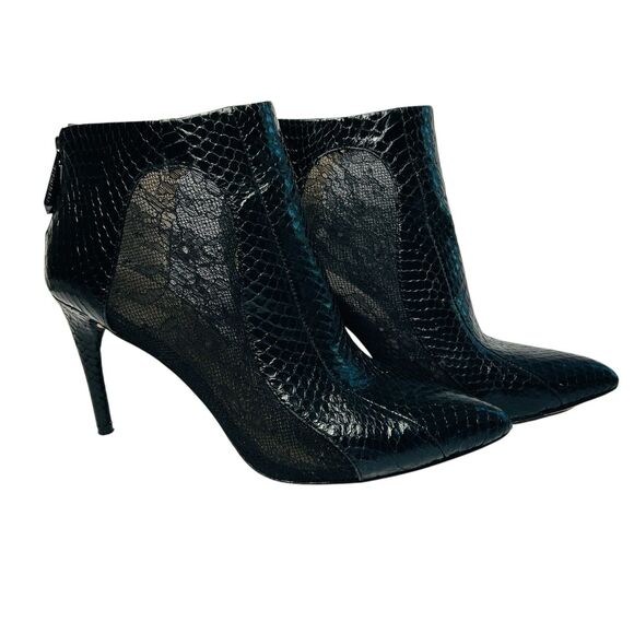 BCBG MaxAzria Black Cleo Bootie Spike Heel Size 8 Leather and Lace Snakeskin - Picture 1 of 10